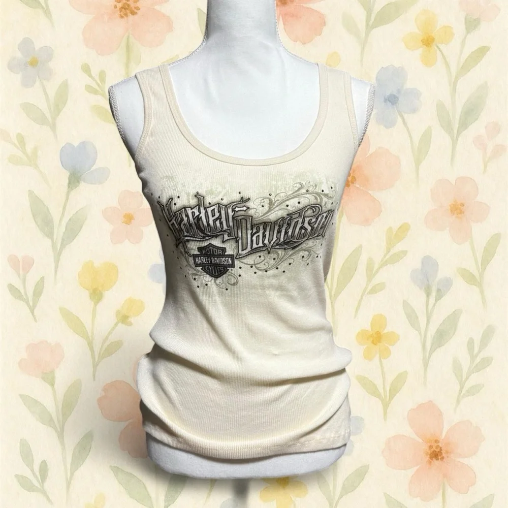 Harley Davidson White Ribbed Tank Top Studded Myrtle Beach NWT Women M 2010 Y2K - Picture 1 of 7
